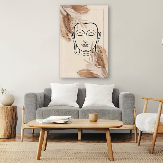 Bouddha serein avec détails naturels - Toile d'art Bouddha - Décoration murale visage sur toile - Dessin au trait - Peinture champêtre - Art mural - Toile 100x150 cm