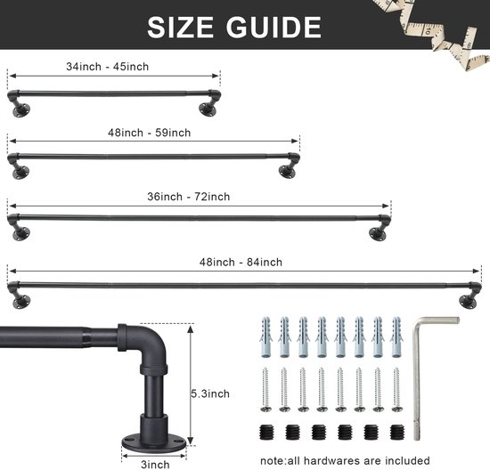 Gordijnroede, 2-weg in industriële stijl, 73-228 cm, verstelbaar