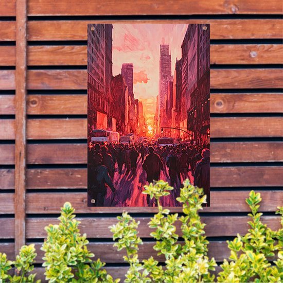 Drukke stadsstraat bij zonsondergang - Stad poster - Tuinschilderij gebouwen - Expressionisme - Tuinaccesoires voor aan de muur - Wanddecoratie - tuinposter 40x60 cm