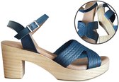 Stravers - Sandales semelle bois et bride cuir relief - Blauw - Pointure 42 - Sabots femme grande taille
