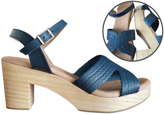 Stravers - Sandales semelle bois et bride cuir relief - Blauw - Pointure 42 - Sabots femme grande taille