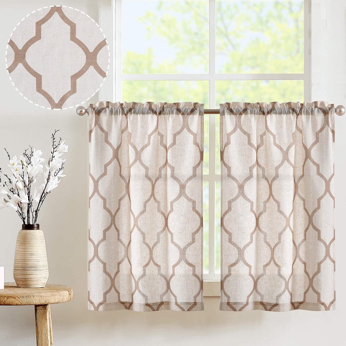 Vitrage gordijn - half transparant - set van 2 - bruin op beige - 65 x 60 H (cm)