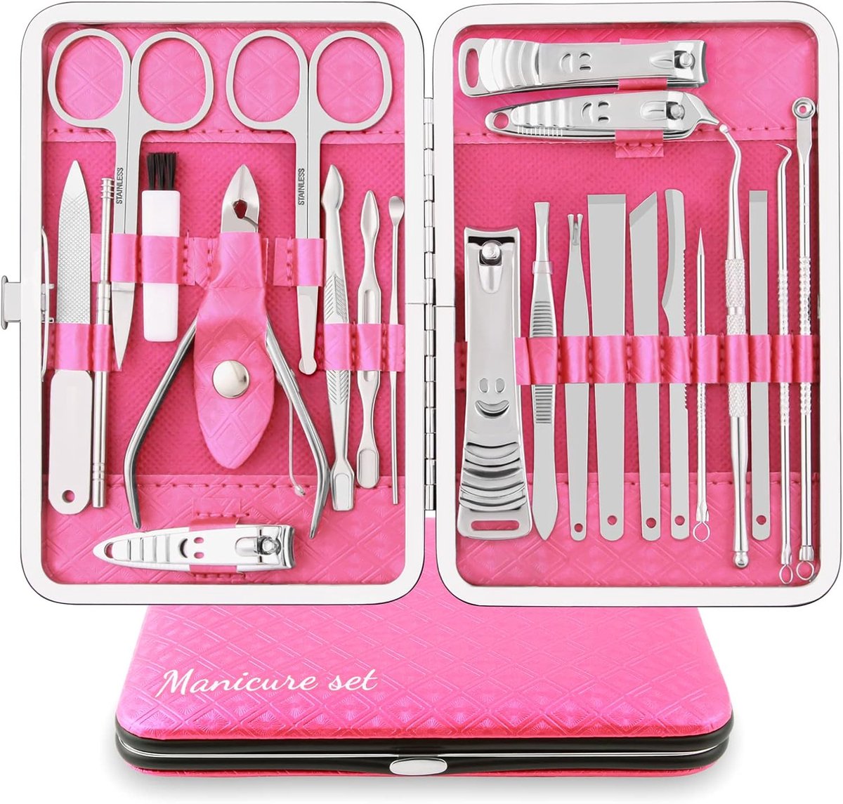 Goedkoopste Manicure set professionele nagelknipper kit - 23 stuks roestvrij stalen verzorgingsgereedschappen met PU-lederen hoes (roze / zilver