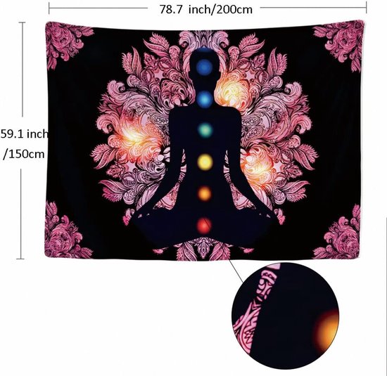 Wandkleed binnen - Wandtapijt - Chakra - Energie - Reiki - Mandala - Muurkleed - Wanddoek Stof - 200 x 150 cm - Wanddecoratie - Wandhanger - Muurhanger - Fotobehang - Poster - Ulticool - Decoratie - Woonkamer - Slaapkamer