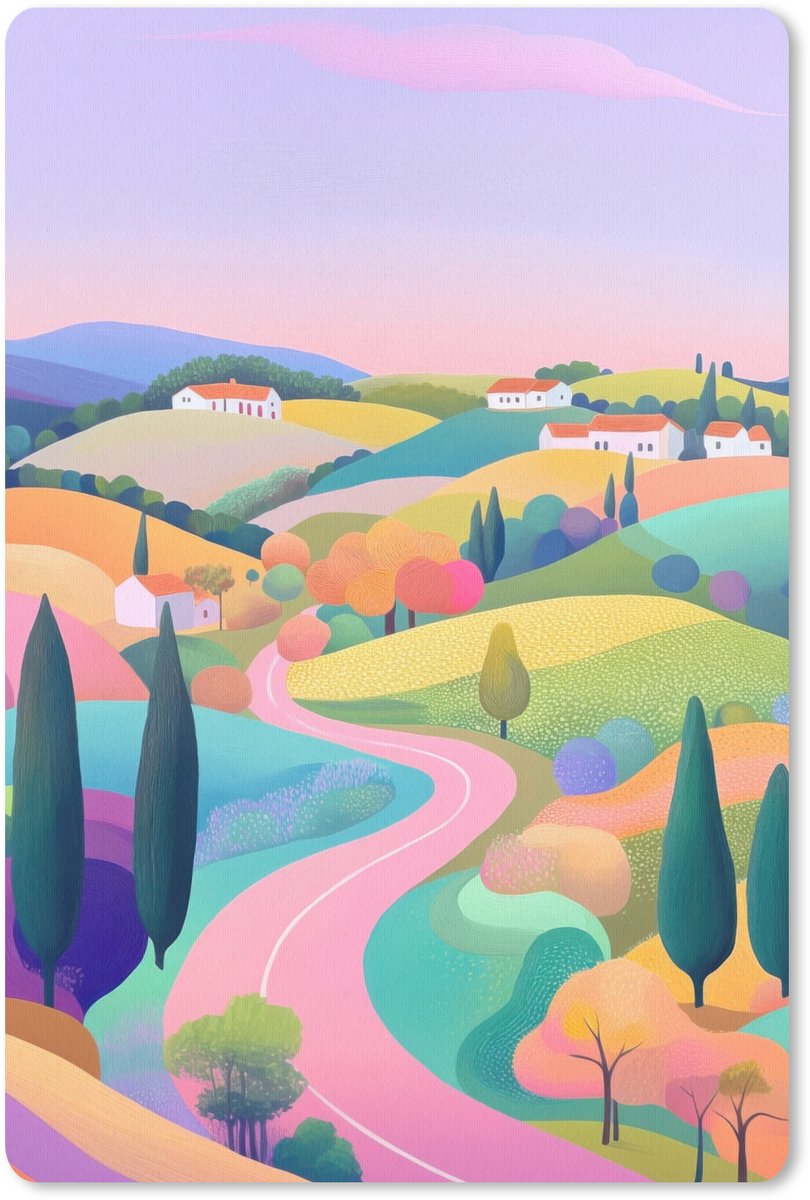 Muismat 18x27 cm - Mousepad Landschap - Paars - Pastel - Huizen - Muismatten