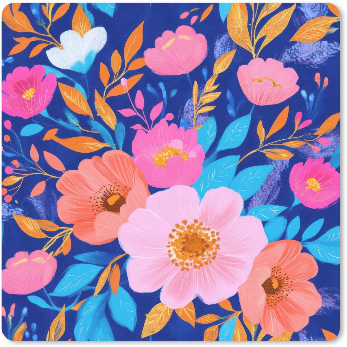 Muismat 20x20 cm - Mousepad Bloemen - Blauw - Roze - Muismatten