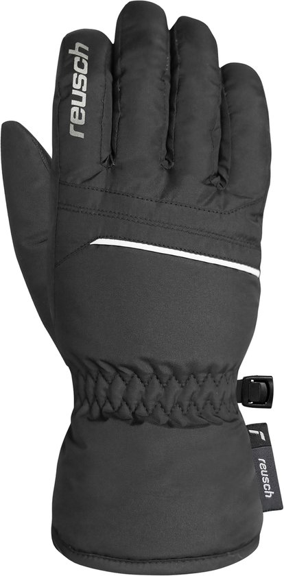 Zwarte skihandschoen met "Reusch" logo, witte bies en doorgestikte manchetten.