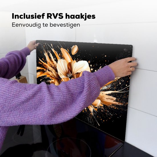 KitchenYeah® Protection plaque induction 76x51.5 cm - Bloemen - Goud - Graffiti - Zwart - Protege plaque de cuisson - Couvre plaque induction - Protecteur d'induction - Cuisine