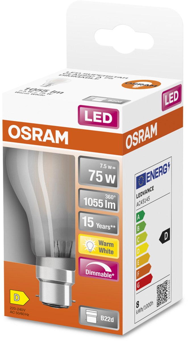 Osram Retrofit Classic LED B22d Peer Mat 8.5W 806lm - 827 Zeer Warm Wit | Dimbaar - Vervangt 60W
