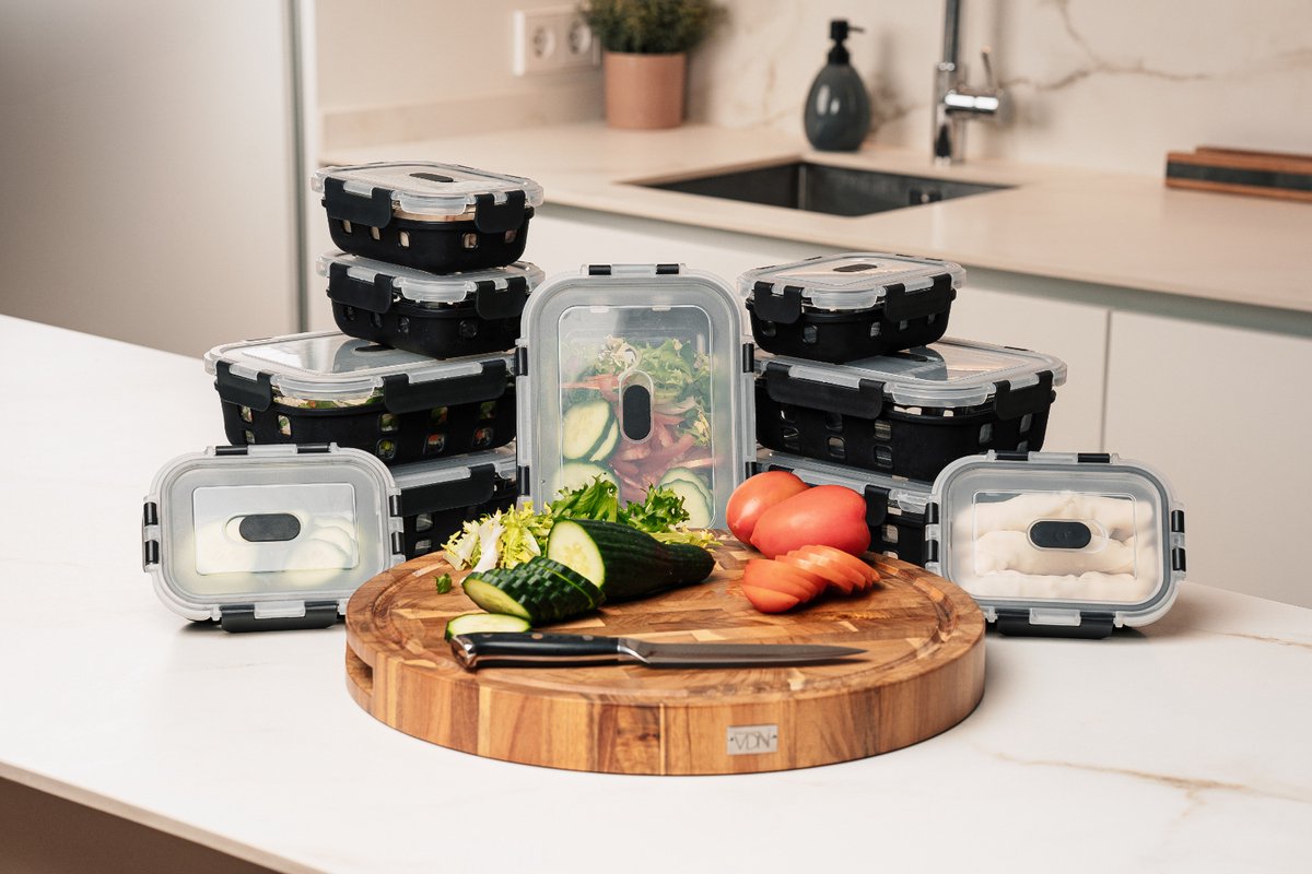 VDN Glazen Meal Prep Bakjes met Silicone Sleeve – 10 Delige Set Vershoudbakjes van Borosilicaatglas – Luchtdicht & BPA Vrij – Magnetron met Ventiel, Oven, Vriezer & Vaatwasser Bestendig – 5x1040ML & 5x370ML — afbeelding 5