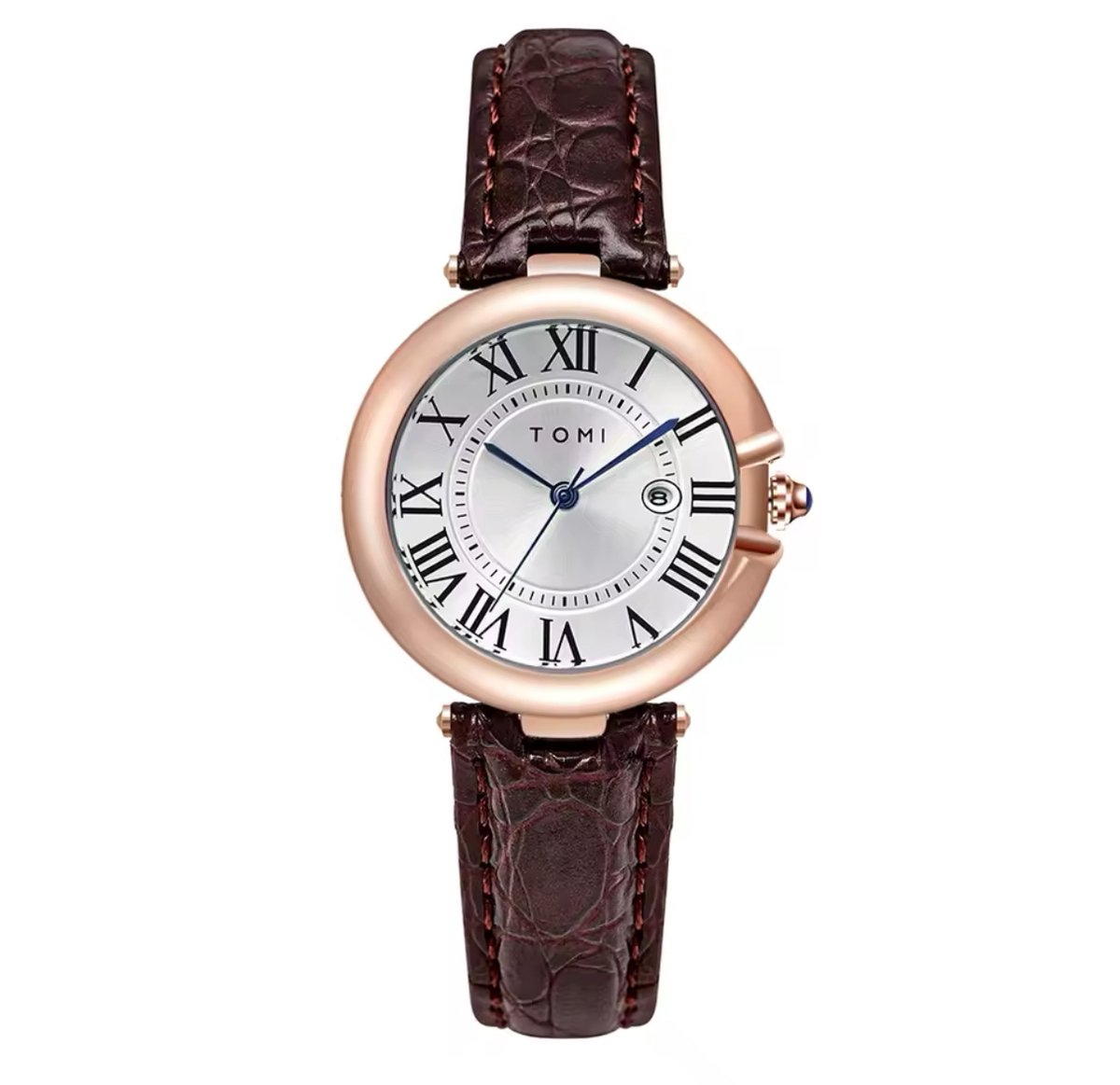 Tomi Luxe Horloge Rose | Elegante Horloge | 34MM | Bruine Leren band | Witte Wijzerplaat | Dames Horloges