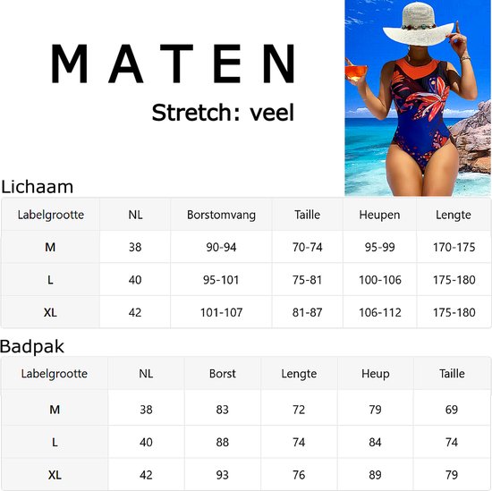 Maillot de bain LaGloss® Blauw à motif floral rouge – Col rond – Push-up et bonnets amovibles – Taille L