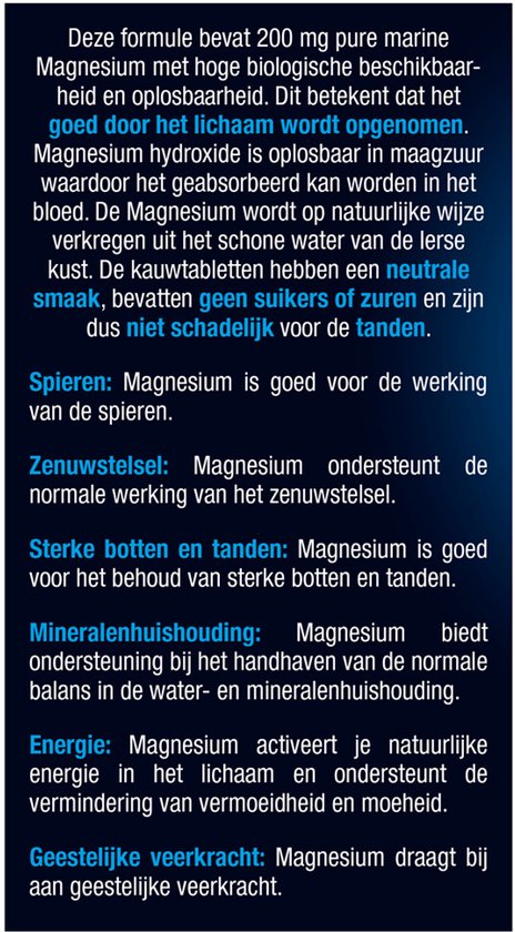 Gedetailleerde productinformatie over Lucovitaal Pure Marine Magnesium, inclusief voordelen voor spieren, zenuwstelsel, botten, tanden en energie.
