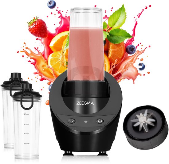 Zeegma Vitamine Base - Blender - Multifunctionele Blender voor Smoothies, Shakes, Soepen, Sauzen en Meer - Smoothie maker - Compact, Elegante Design met 2 Flessen (630 ml) en Deksels - Intuïtieve Bedieningsknoppen