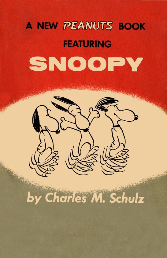 Een Peanuts boek met Snoopy, door Charles M. Schulz. Met drie zwart-witte tekeningen van Snoopy op een rode en beige achtergrond.