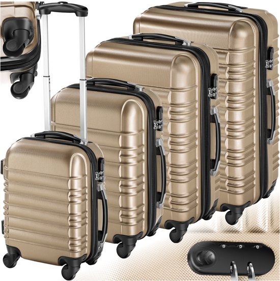tectake® Set de valises 4 pièces - Valises ABS avec coque rigide - Valise légère avec serrure à combinaison TSA - Ensemble de bagages avec bagages en soute Grande valise (106L, 72L et 45L) et valise à main (25L) - Champagne