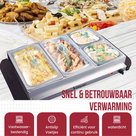 Beper - Warmhoudplaat - Buffet Warmer - Chafing Dish - Rechaud - Elektrisch - 2x2.4L & 2x1.1L - Roestvrij Staal — afbeelding 5