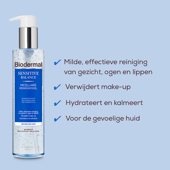 Fles Biodermal Sensitive Balance Micellair Reinigingsgel, met tekstuele uitleg van de voordelen en kenmerken.