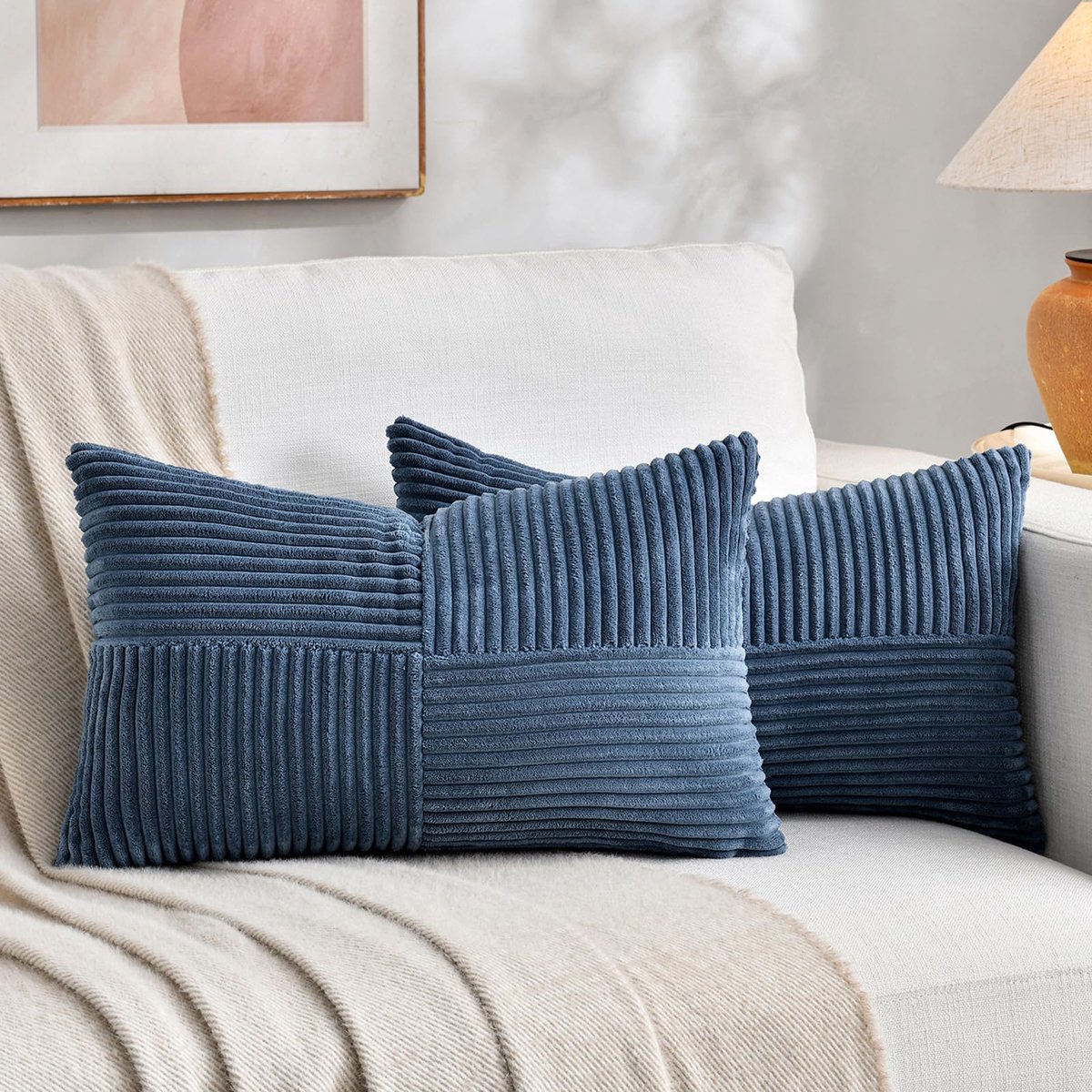 Ibenzoa Klassieke Strepenpatroon Corduroy Kussenslopen Set van 2 voor Elegante Interieurdecoratie blauw