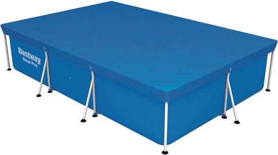 Blauw Bestway Steel Pro rechthoekig zwembadafdekzeil met metalen frame en bevestigingspunten.