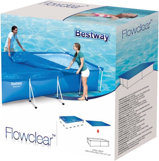 Verpakking van een Bestway Flowclear rechthoekig zwembadafdekzeil, toont product en afmetingen.