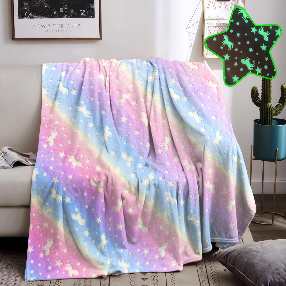 Unyqoos Verlichte Kinderdeken met Magisch Glow-in-the-Dark Effect voor Slaapkamer en Avonturen eenhoorn A,