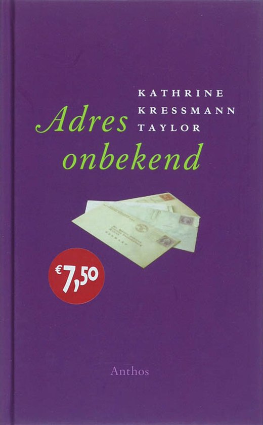 Paarse kaft met groene letters 'Adres onbekend' en een stapel brieven. Prijs: €7,50.
