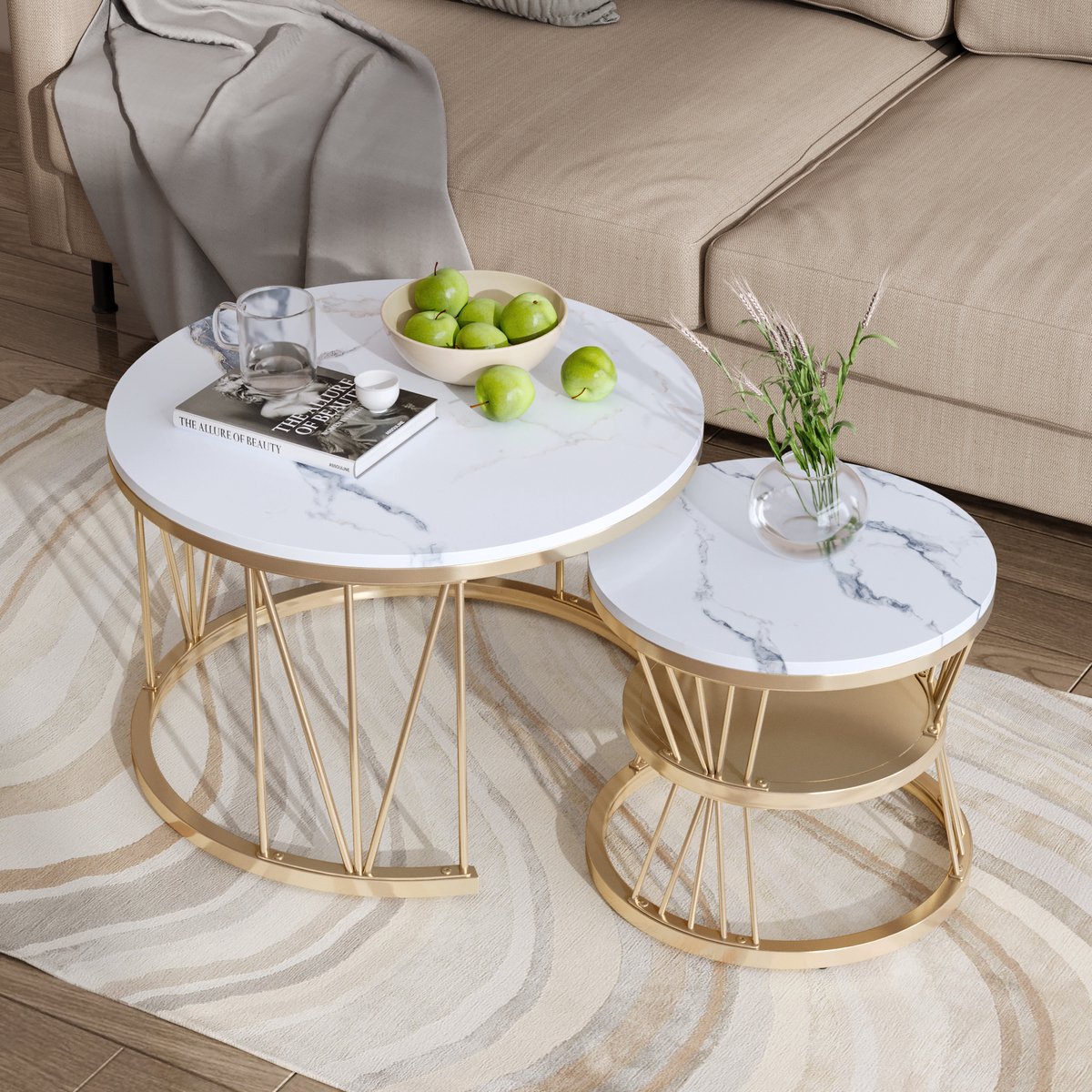Set van 2 Ronde salontafel s 70/45 cm, V-vormig legbord Gouden legbord + white blad met marmermotief, geschikt voor woonkamer, koffiekamer, woonkamer - Wit met Goud