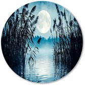 Mystiek maanlicht boven water - Maanlicht wanddecoratie rond - Wandschaal riet - Silhouet - Schilderij aluminium - Schilderij landelijke stijl - Muurcirkel aluminium 60x60 cm