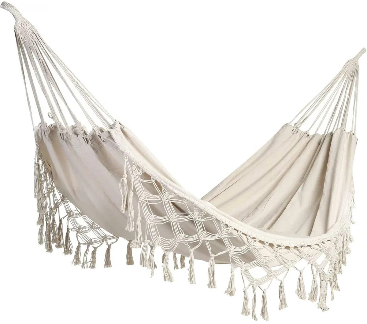 Hangmat - Luxe Hangmat - Katoenen Hangmat - Boho Hangmat - Macrame Hangmat met Franje - 2 Persoons - 240x150 cm - Wit - Buiten Hangmat - Balkon Hangmat - Strand Hangmat - Canvas - Handgemaakt - Opvouwbaar - Met Kwastjes - Tot 200KG