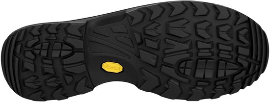 Zwarte Vibram profielzool van een wandelschoen.