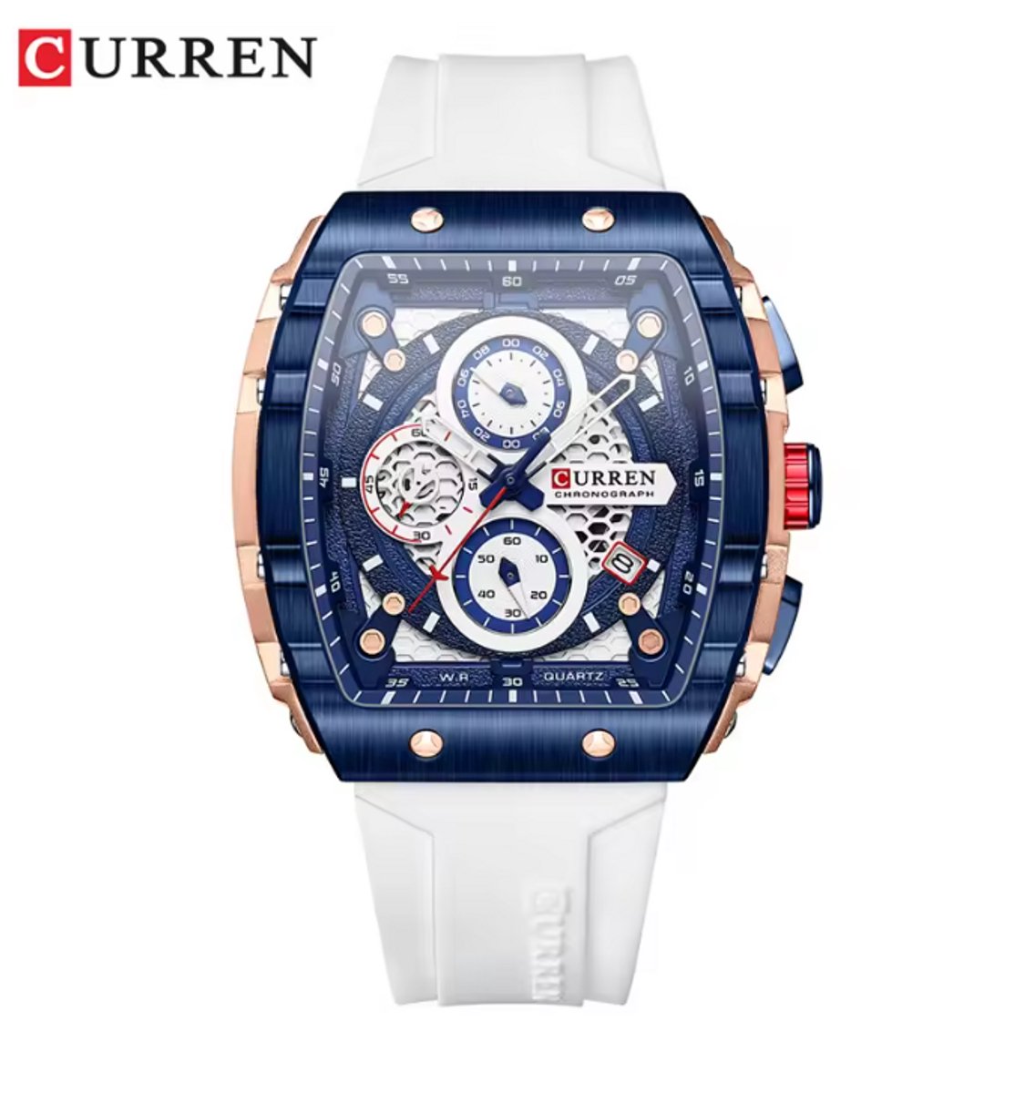 Curren Horloge - Heren - Witte Siliconen Band en Blauwe Wijzerplaat - Model 8442 - Stijlvol en Sportief Herenhorloge - Ideaal Cadeau
