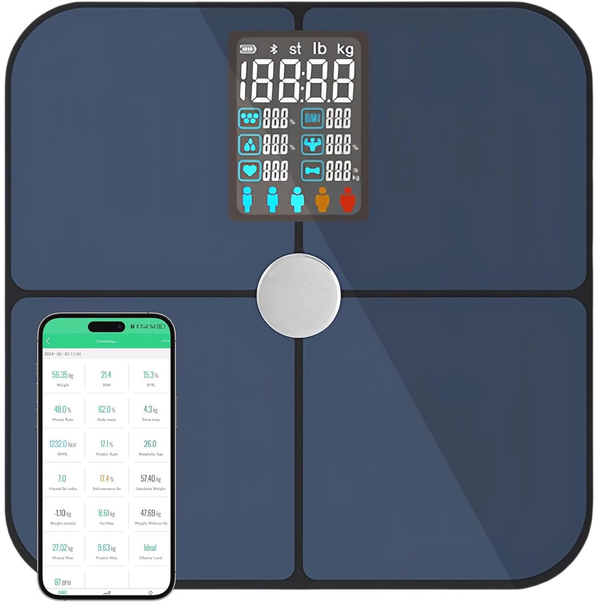 Digitale personenweegschaal met led-scherm en lichaamsanalyse - Smart weegschaal met 19 lichaamsgegevens - Bluetooth lichaamsanalyseweegschaal voor iOS Android fitness-app
