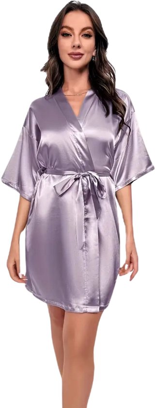 Bovista Satijnen Badjas Dames - Kimono - Kamerjas - Satijn - Ochtendjas - Pyjama - Paars - Maat S
