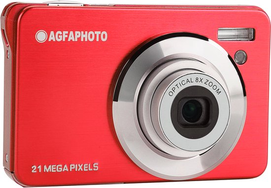Voorkant van een rode AgfaPhoto compactcamera met 21 MP en 8x optische zoomlens.