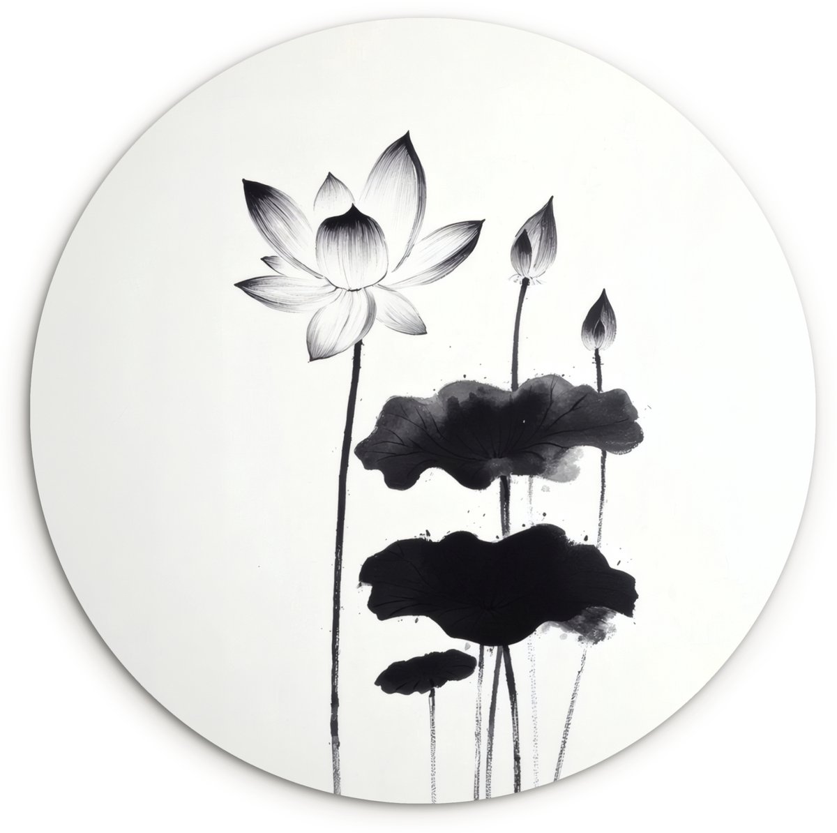 WallCircle Wandcirkel 140x140 cm - Muurcirkel Bladeren - Zwart - Lotusbloem - Minimalitisch - Muurdecoratie woonkamer - Wanddecoratie slaapkamer - Kamer decoratie accessoires - Ronde schilderijen Bladeren - Lotusbloem