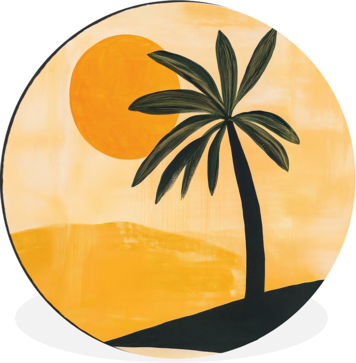 WallCircle Wandcirkel - Muurcirkel - Illustratie - Palmboom - Zon - Heuvels - Aluminium - Dibond - 120x120 cm - Binnen en Buiten