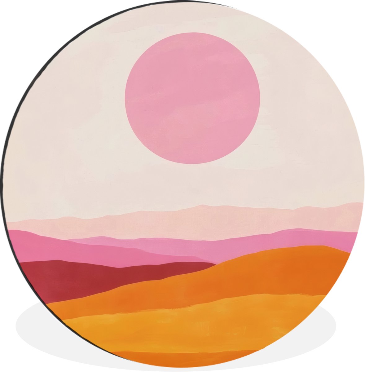 WallCircle Wandcirkel - Muurcirkel - Heuvels - Oranje - Zon - Abstract - Aluminium - Dibond - 140x140 cm - Binnen en Buiten Heuvels - Abstract