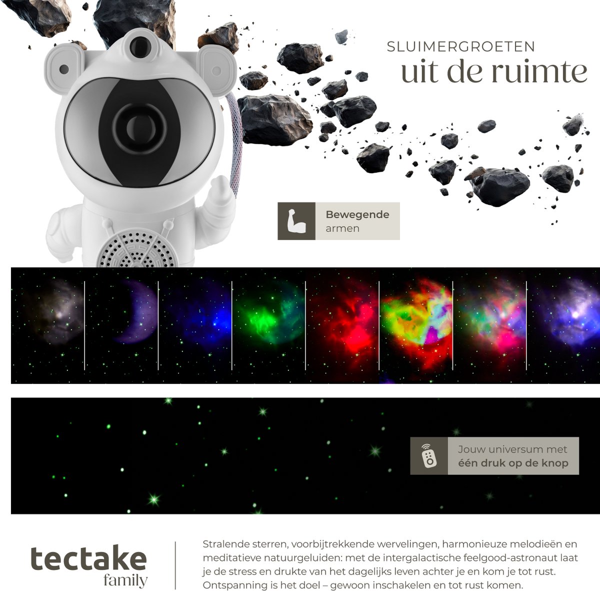 tectake® LED Sterrenhemel Projector - Astronaut Nachtlampje - Kinderlamp - Sterrenlamp voor Kinderen - Galaxy Projector met Timer - Inclusief Bluetooth en Muziekfunctie - 360° Draaibare Lamp met Sterren, Maan en Nevel – foto 8