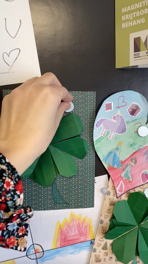 Hand bevestigt een magnetische clovers met een paperclip op een groot vel.