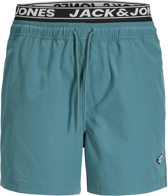 Turquoise zwemshorts met zwarte Jack & Jones band, trekkoord en een klein logo.