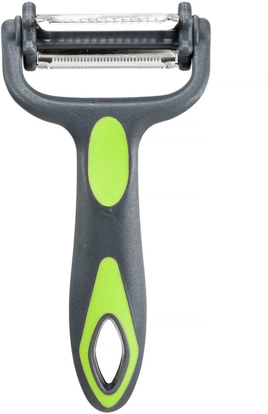 Éplucheur gris/vert avec lame double sur fond blanc.