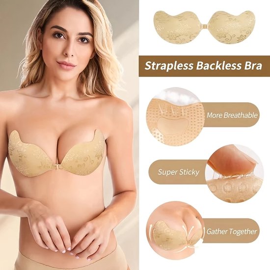 Sara Shop / plak BH /Onzichtbare Push Up Bh Zelfklevende / beha Backless Strapless / Gel sticky Solid -Cup-B / Beige-Topkwaliteit