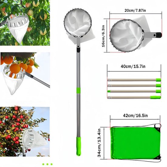 Fruitplukker met telescopische steel - Fruitplukker van 2 m - Montage in 5 delen - Gereedschap voor het plukken van kersenfruit - Met lichte, verstelbare steel en opbergzak voor fruit - Voor het plukken van peren, citroenen en sinaasappels van Merkloos	 — afbeelding 5