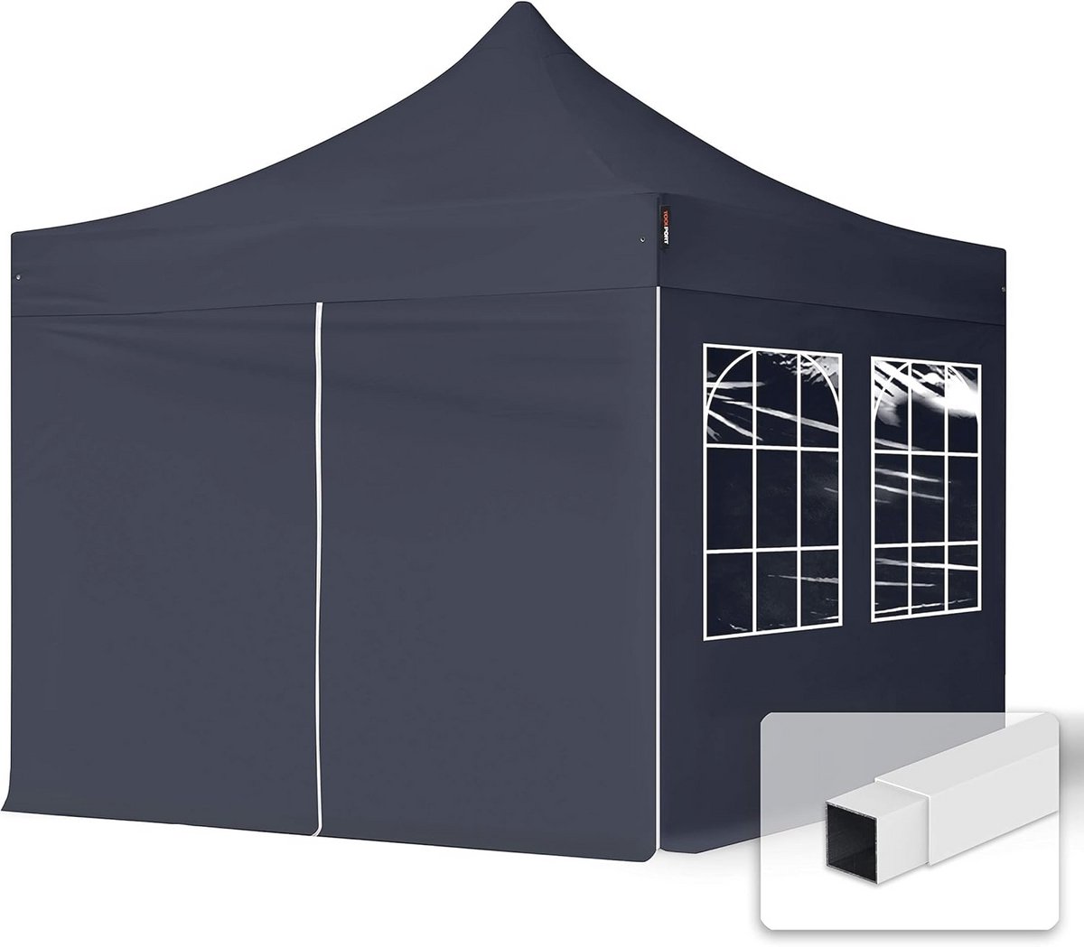 3x3m Vouwtent met 4 Zijwanden en Kerkvensters - Stalen Frame, Zwart