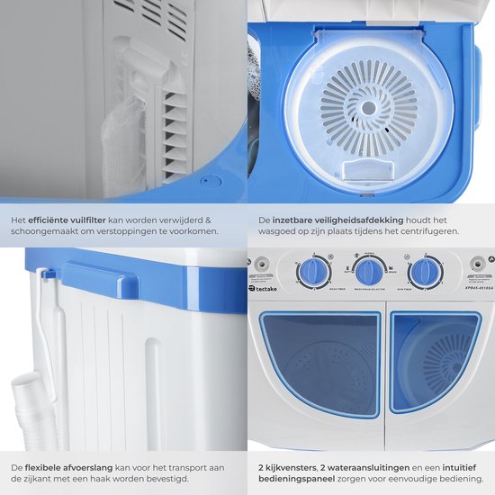 tectake® Mini Wasmachine met dubbele trommel - Met Centrifuge - Was-Droogcombinatie - 4,5kg Wassen, 3,5kg Drogen - Zuinig en Stil - Inclusief Aansluitslang van TecTake — afbeelding 5