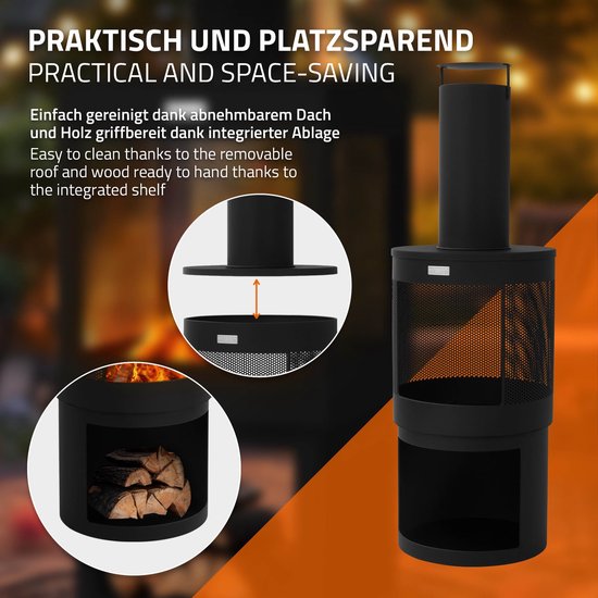 Zwarte tuinhaard met vuur, hout, afneembaar dak en de tekst 'PRAKTISCH UND PLATZSPAREND'.