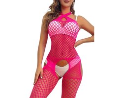 Plus Size Bodysuit Roze - Open Kruis - Erotische Lingerie - Incl. Zwarte Kruis-Tepelstickers - One Size M-XL | LekkerStout | ( LS252 )