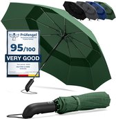 Wilford & Sons Stormparaplu Opvouwbaar Zak Paraplu Stormproof + Knop Automatisch & Beschermhoes | Heren Dames - Compact Stevig, Teflon Wind & Waterdicht Handvat Polsstrap| Reisparaplu Zakparaplu Golf, Groen - Dubble Dak