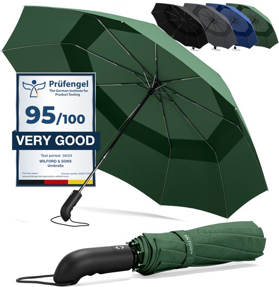 Wilford & Sons Stormparaplu Opvouwbaar Zak Paraplu Stormproof + Knop Automatisch & Beschermhoes | Heren Dames - Compact Stevig, Teflon Wind & Waterdicht Handvat Polsstrap| Reisparaplu Zakparaplu Golf, Groen - Dubble Dak